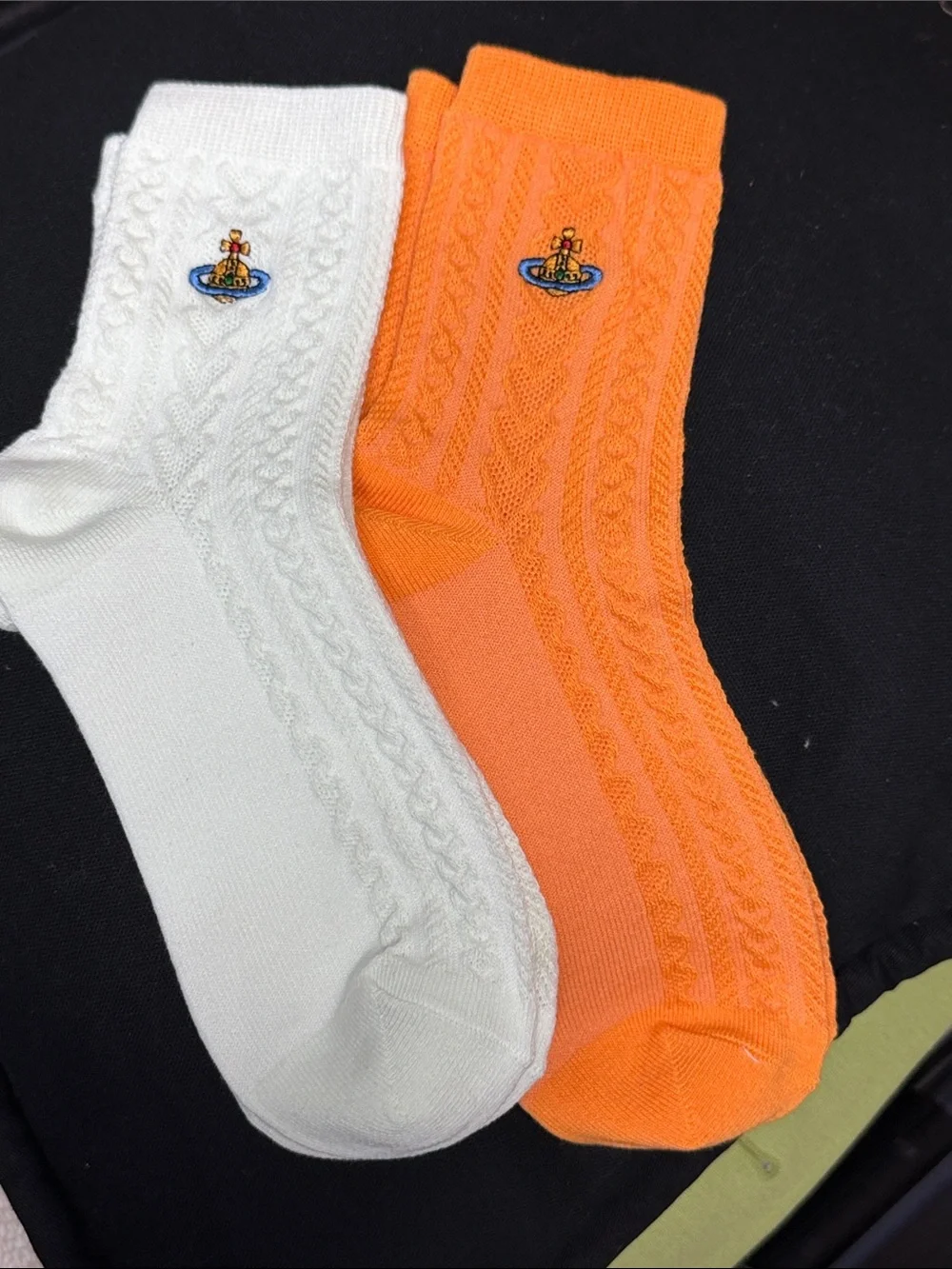 Vivienne Westwood White and Orange Cable Crew Socks